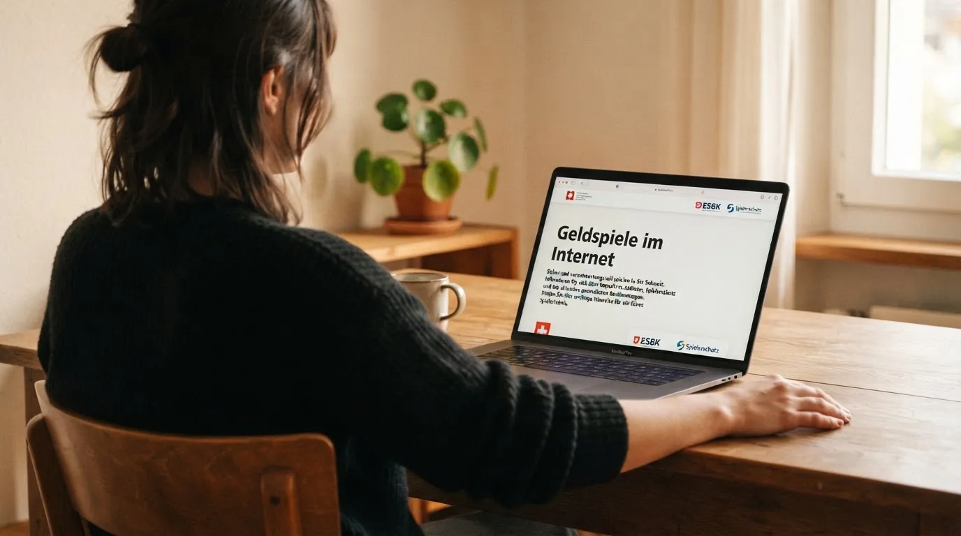 Person am Laptop liest eine Übersichtsseite zu Geldspielen im Internet — 10 franken bonus ohne einzahlung casino