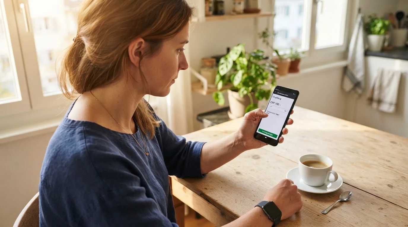 Frau tippt konzentriert auf ihrem Smartphone an einem Küchentisch, eine Tasse Kaffee steht griffbereit daneben.