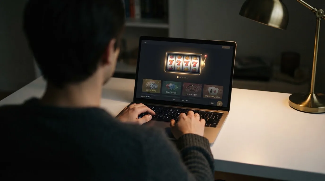 Person am Laptop liest eine Übersichtsseite zu Geldspielen im Internet — 15 franken bonus ohne einzahlung casino