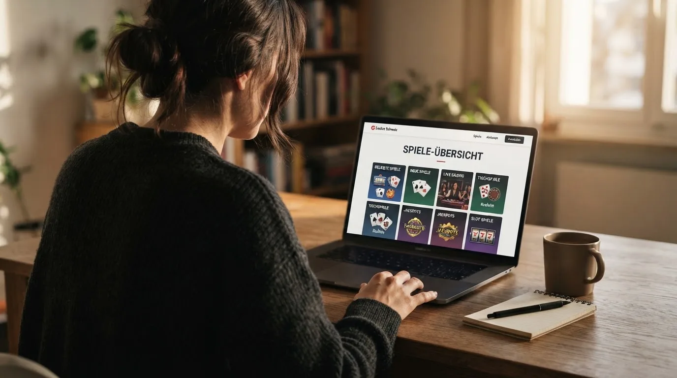 Person am Laptop liest eine Übersichtsseite zu Geldspielen im Internet — 150 freispiele ohne einzahlung