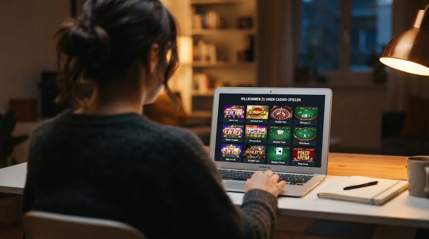 Person am Laptop liest eine Übersichtsseite zu Geldspielen im Internet — 20 franken bonus ohne einzahlung casino