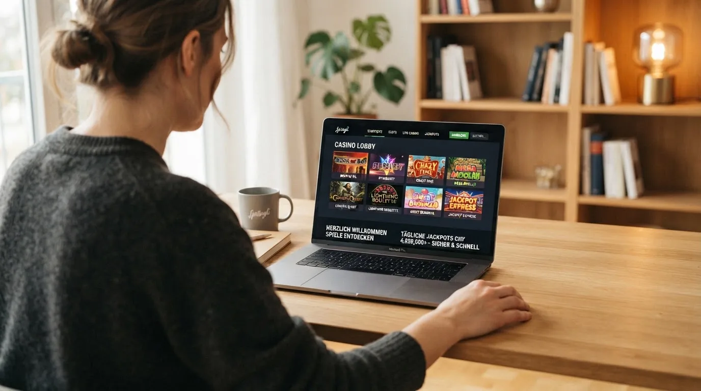 Person am Laptop liest eine Übersichtsseite zu Geldspielen im Internet — 20 freispiele ohne einzahlung