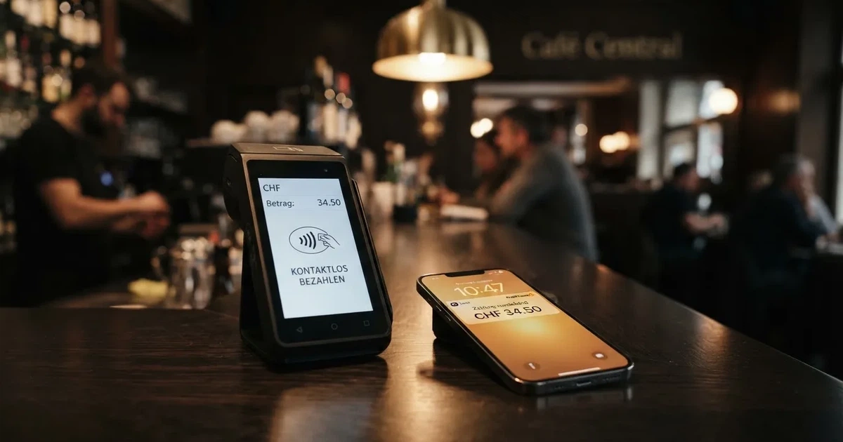 Kartenterminal und Smartphone mit einer ausstehenden Zahlungsbenachrichtigung — 30 franken bonus ohne einzahlung casino