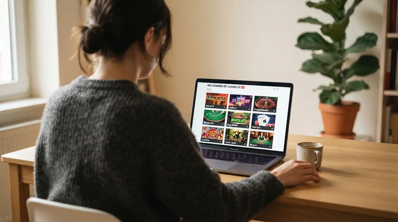 Person am Laptop liest eine Übersichtsseite zu Geldspielen im Internet — 40 franken bonus ohne einzahlung casino