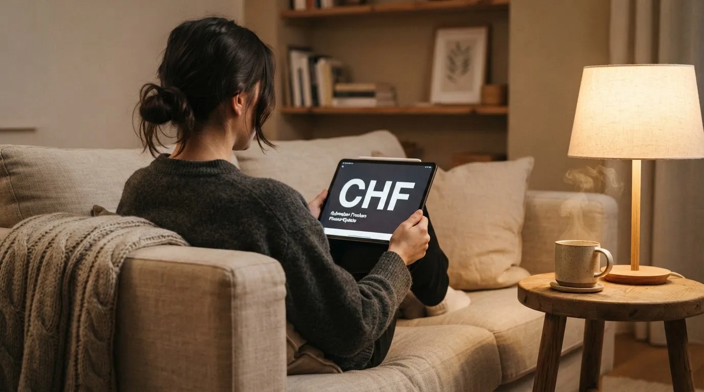 Person sitzt entspannt mit Tablet auf dem Sofa, warmes Lampenlicht, eine Tasse Tee steht daneben auf einem kleinen Tisch.
