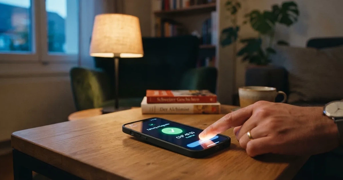 Nahaufnahme einer Hand, die auf einem Smartphone eine Zahlungsbestätigung antippt, im Hintergrund eine gemütliche Wohnzimmerecke am Abend.