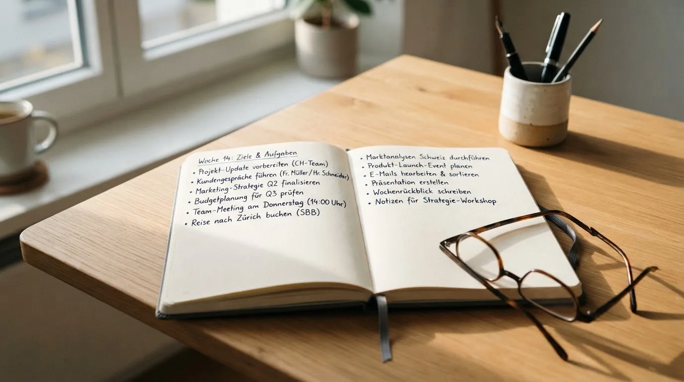 Ein Notizbuch mit handschriftlichen Stichpunkten liegt neben einer Brille auf einem Holzschreibtisch bei Tageslicht.