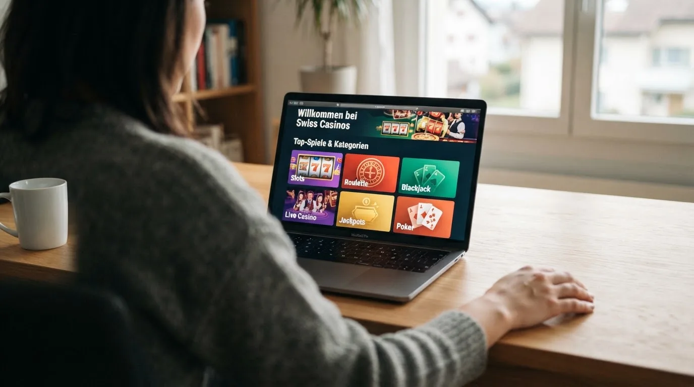 Person am Laptop liest eine Übersichtsseite zu Geldspielen im Internet — best crypto casino schweiz
