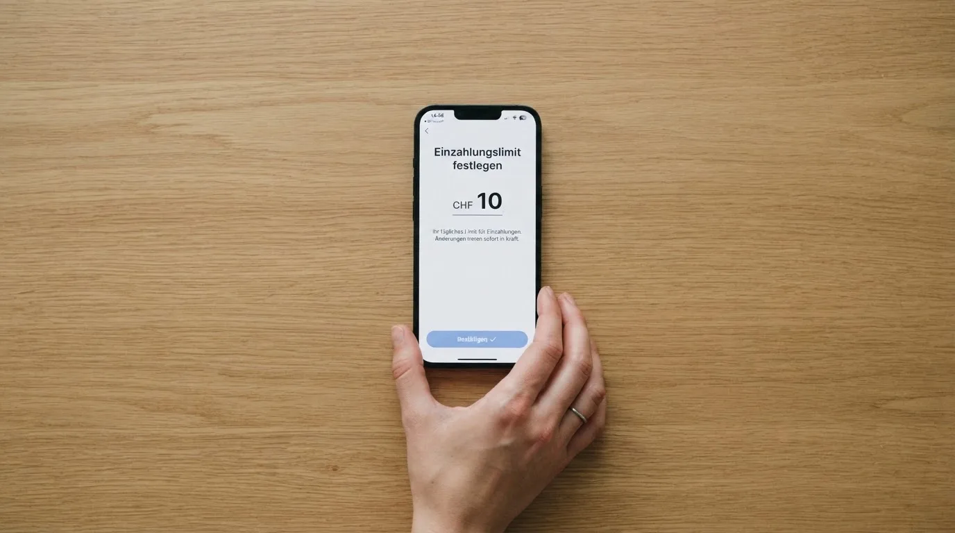 Hand hält ein Smartphone mit einem Formular zur Einzahlungsgrenze, ruhige Stimmung — beste ausländische casinos für schweizer spieler