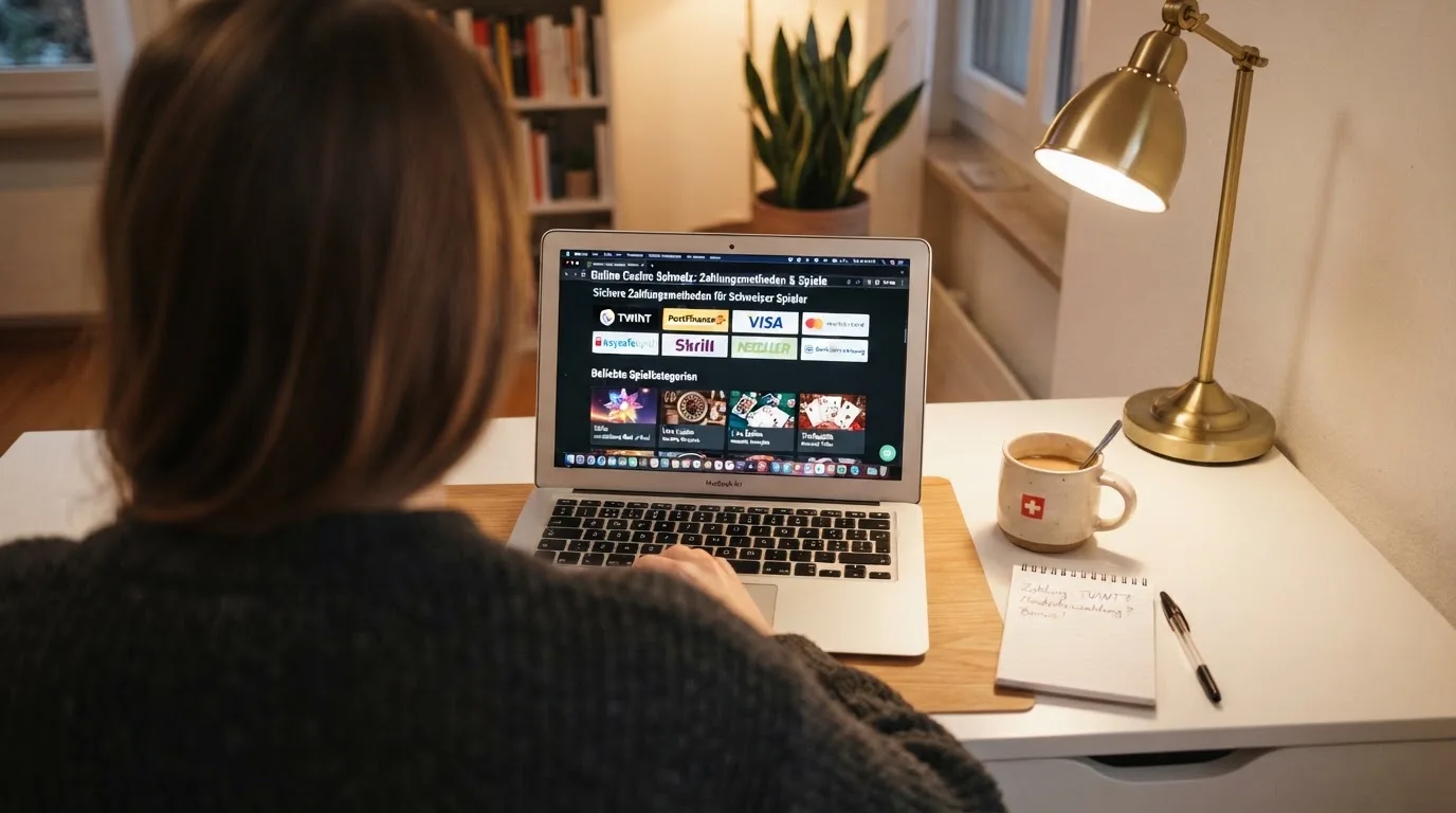 Person am Laptop liest eine Übersichtsseite zu Geldspielen im Internet — beste casino mit schneller auszahlung