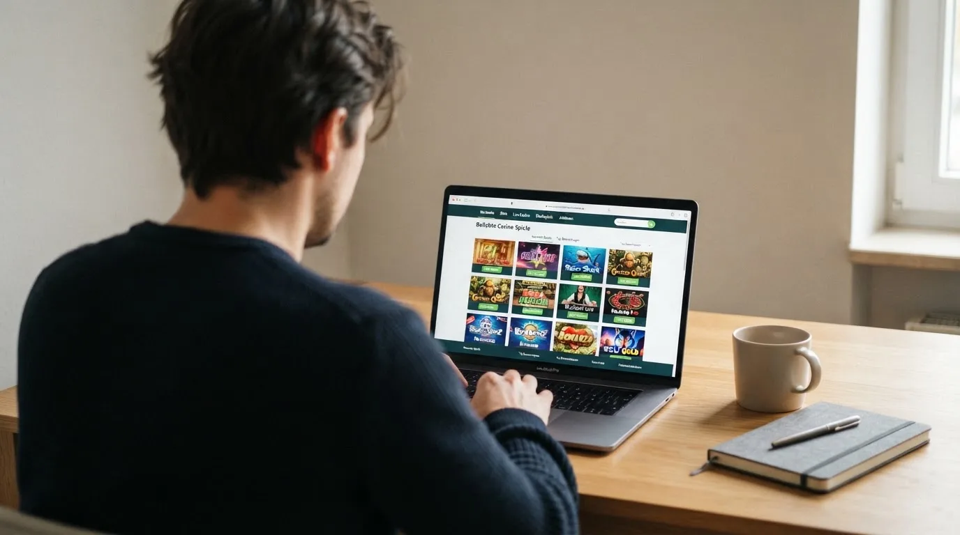 Person am Laptop liest eine Übersichtsseite zu Geldspielen im Internet — beste casino ohne verifizierung auszahlen