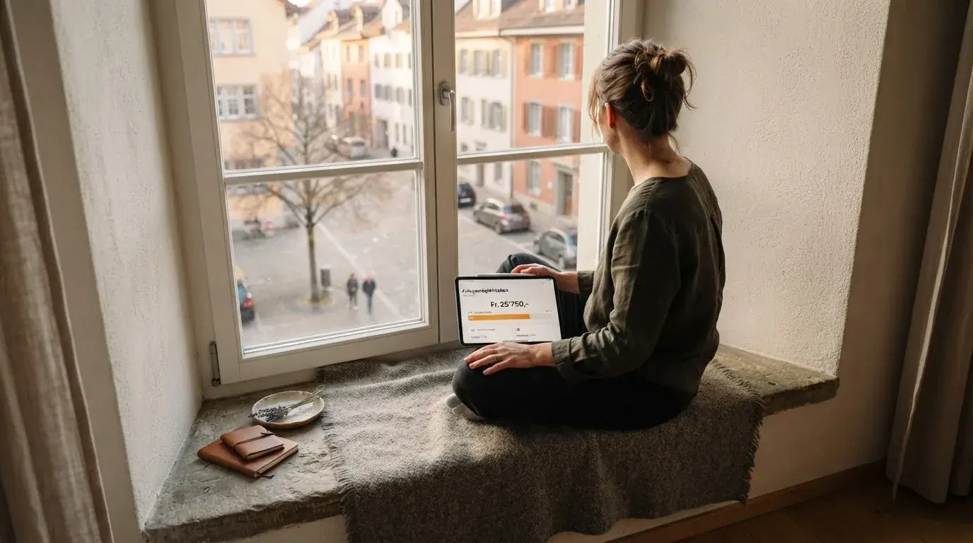 Frau sitzt mit einem Tablet auf einer Fensterbank, Blick nach draussen auf eine ruhige Strasse.