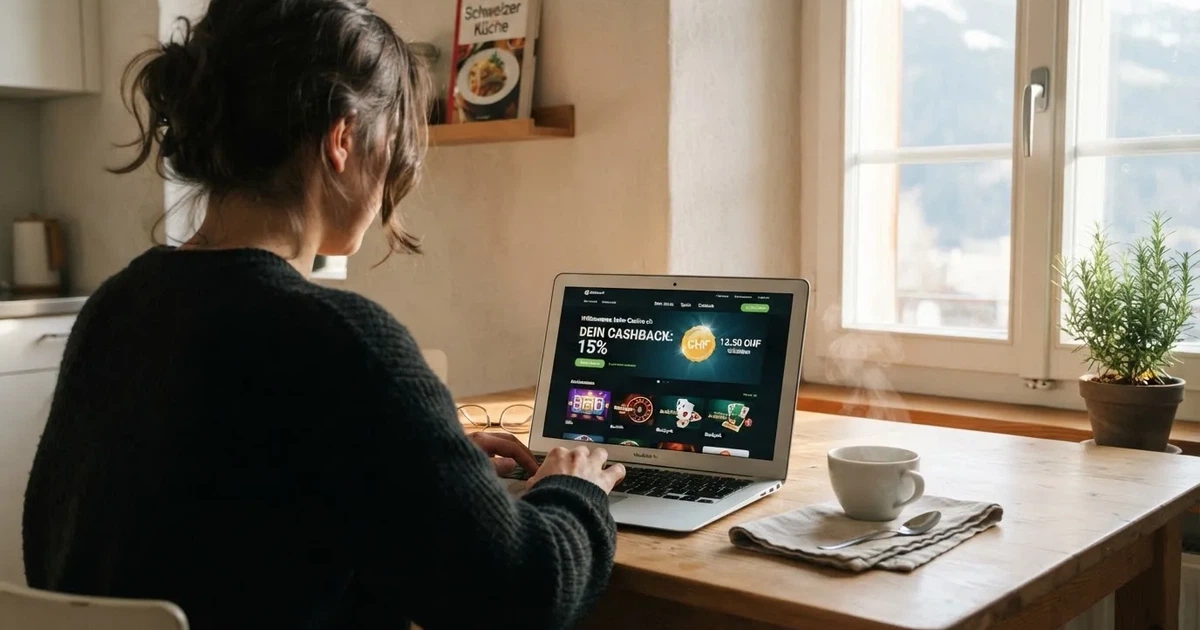 Person prüft an einem Küchentisch eine Kontoübersicht auf dem Laptop, Kaffeetasse steht griffbereit daneben.