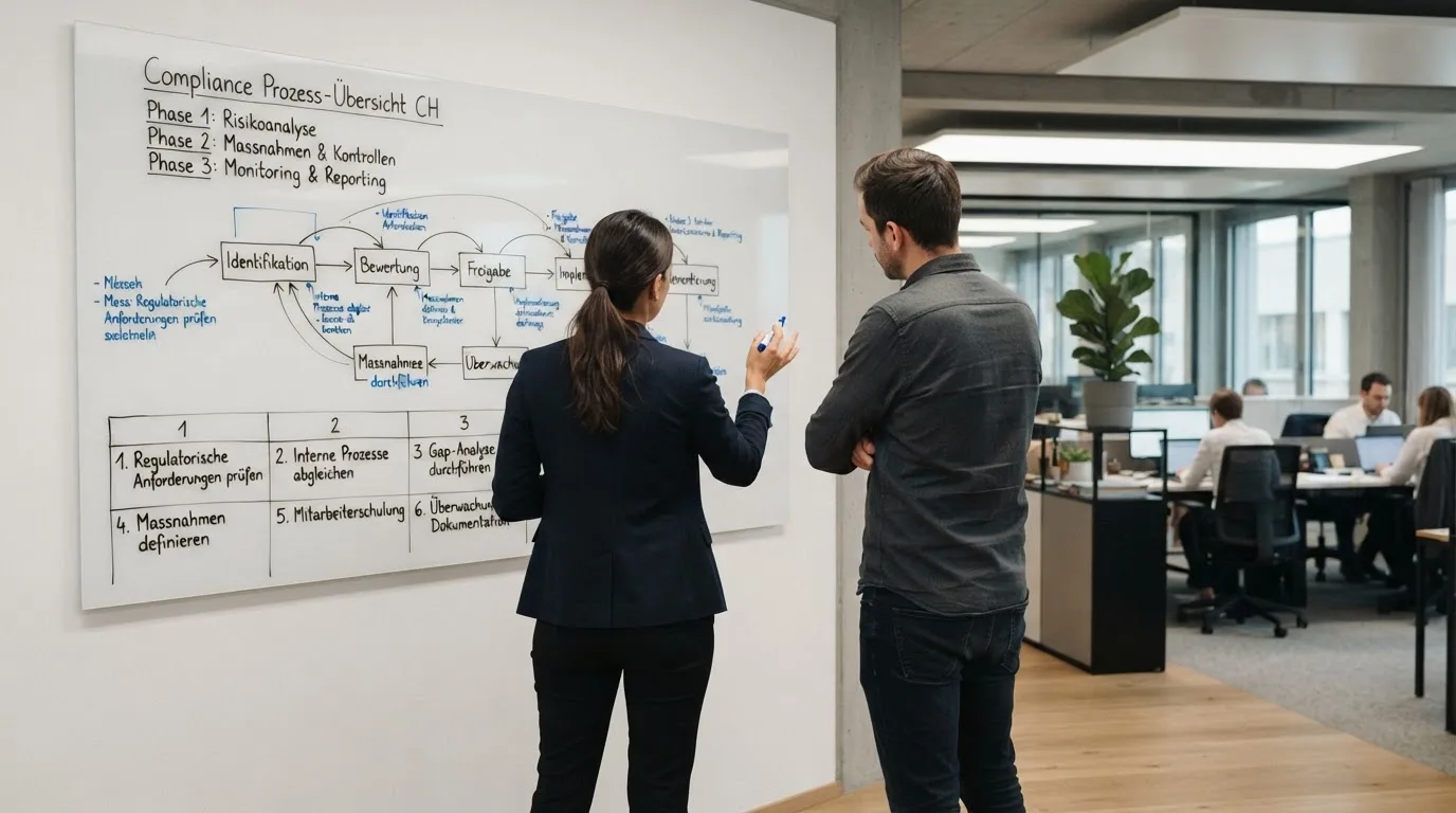 Zwei Kollegen besprechen an einem Whiteboard mit Notizen einen Ablauf, Grossraumbüro im Hintergrund.