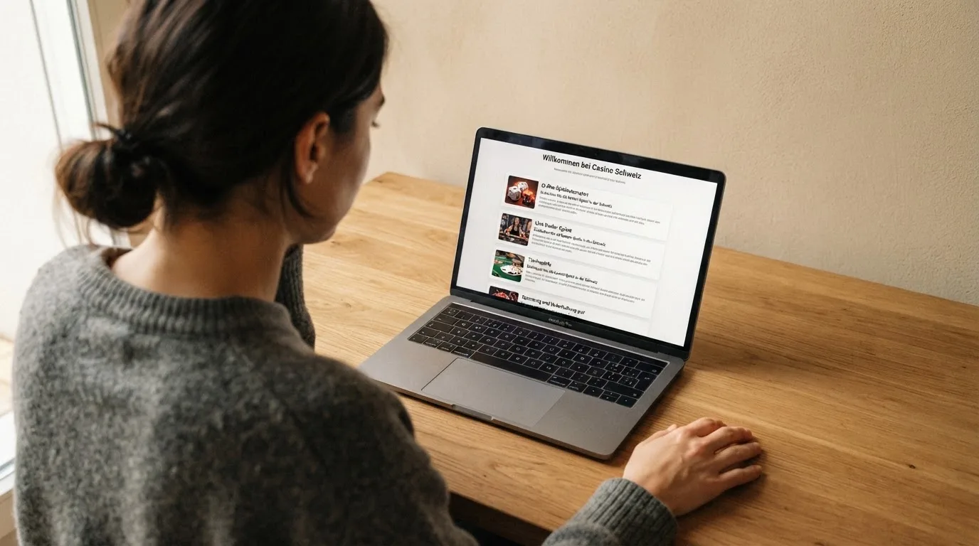 Person am Laptop liest eine Übersichtsseite zu Geldspielen im Internet — beste craps online casinos schweiz