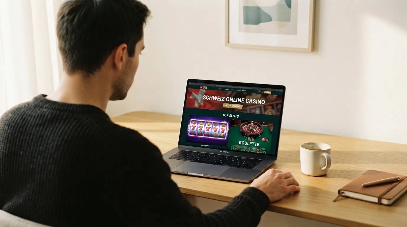 Person am Laptop liest eine Übersichtsseite zu Geldspielen im Internet — beste online casino ausland