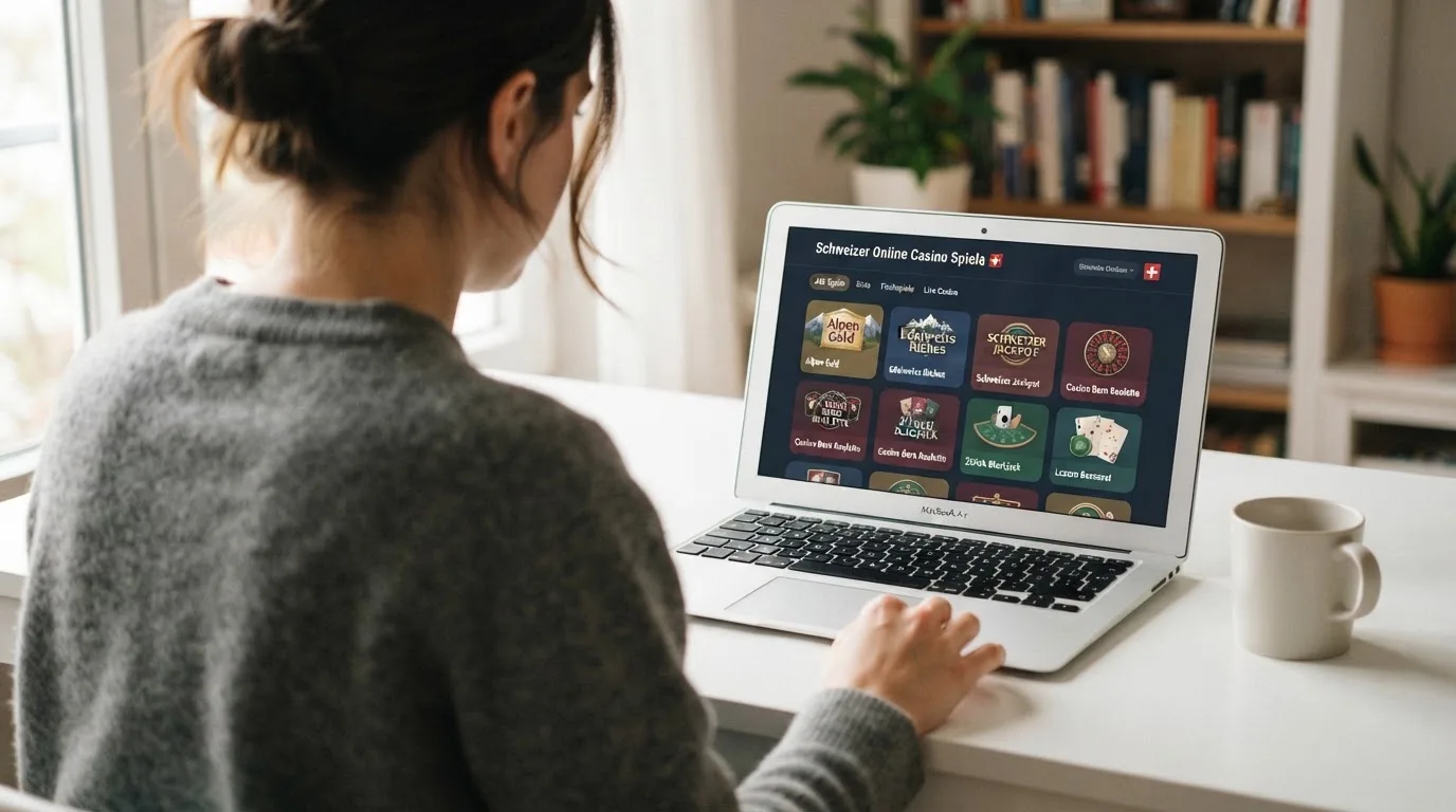Person am Laptop liest eine Übersichtsseite zu Geldspielen im Internet — beste online casino mit apple pay bezahlen