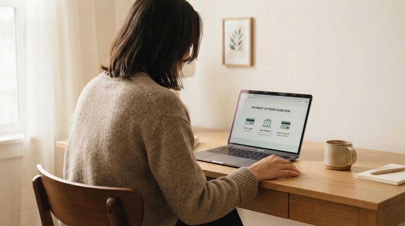 Person am Laptop liest eine Übersichtsseite zu Geldspielen im Internet — beste online casino mit banküberweisung bezahlen