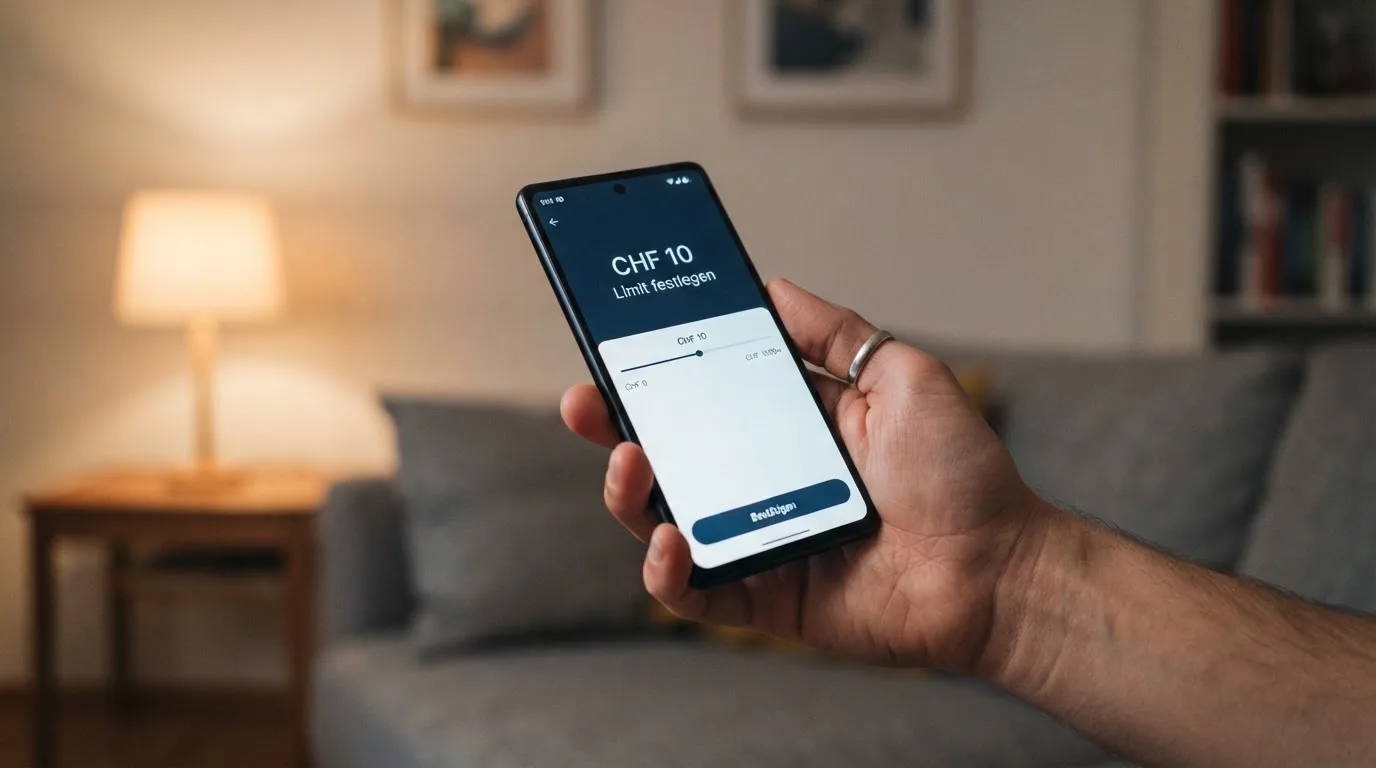 Hand hält ein Smartphone mit einem Formular zur Einzahlungsgrenze, ruhige Stimmung — beste online casino schweiz