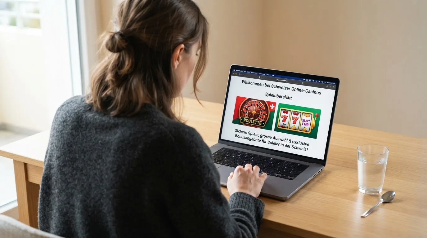 Person am Laptop liest eine Übersichtsseite zu Geldspielen im Internet — beste online casinos ohne verifizierung