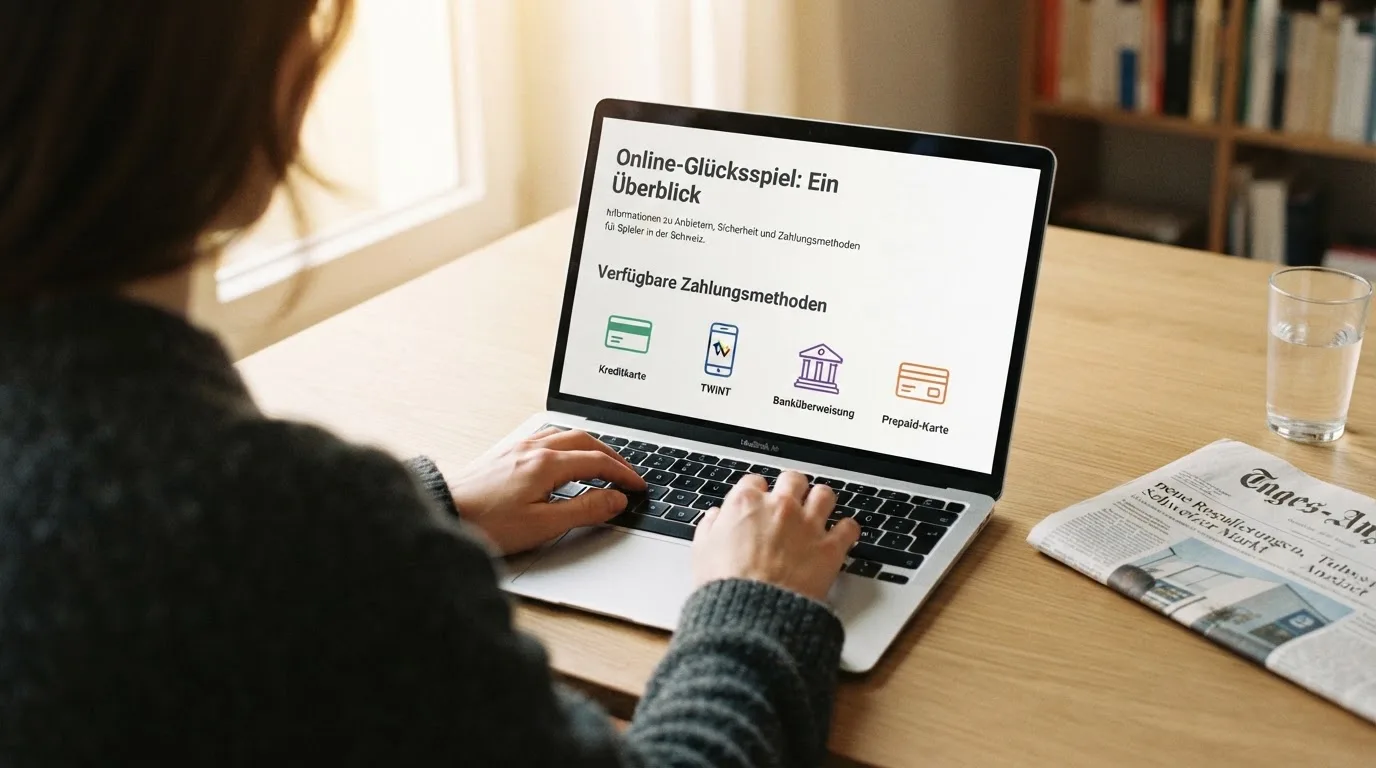 Person am Laptop liest eine Übersichtsseite zu Geldspielen im Internet — beste online casinos schweiz mit no deposit bonus