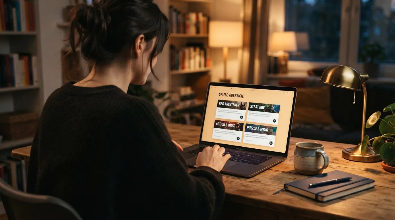 Person am Laptop liest eine Übersichtsseite zu Geldspielen im Internet — beste online spielothek casinos