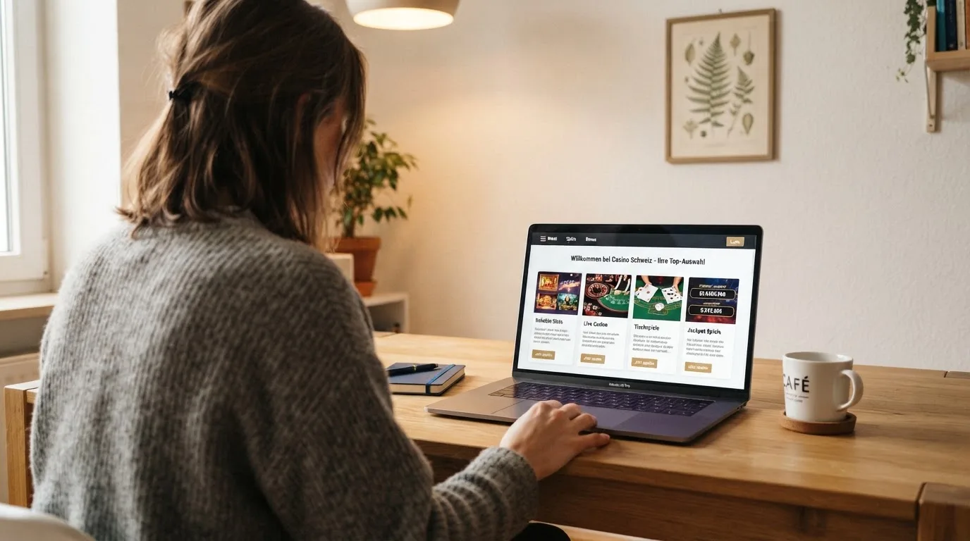 Person am Laptop liest eine Übersichtsseite zu Geldspielen im Internet — bester willkommensbonus online casino