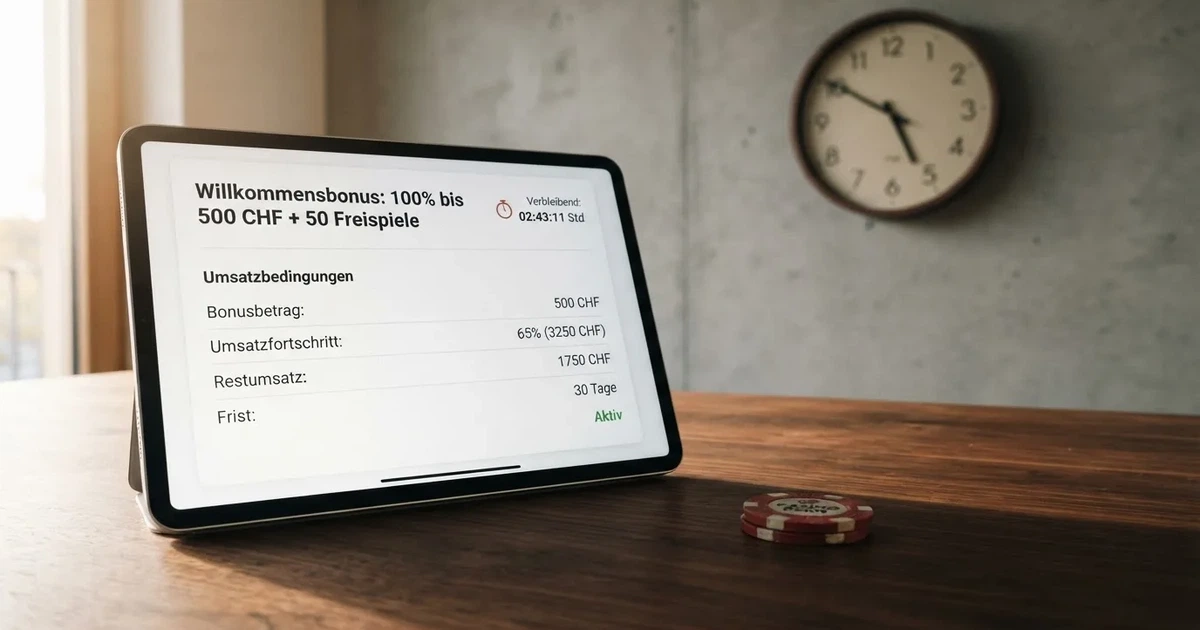 Bildschirm mit Bonusbedingungen, Einsatztabelle und einer Uhr im Hintergrund — bester willkommensbonus online casino