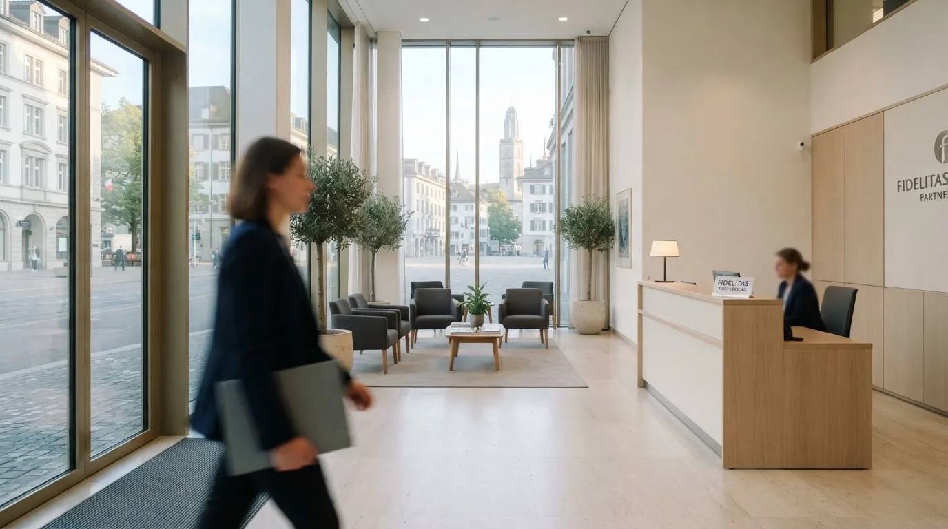 Blick auf eine helle Bankfiliale mit Wartebereich, im Vordergrund unscharf eine Person mit Jacke.
