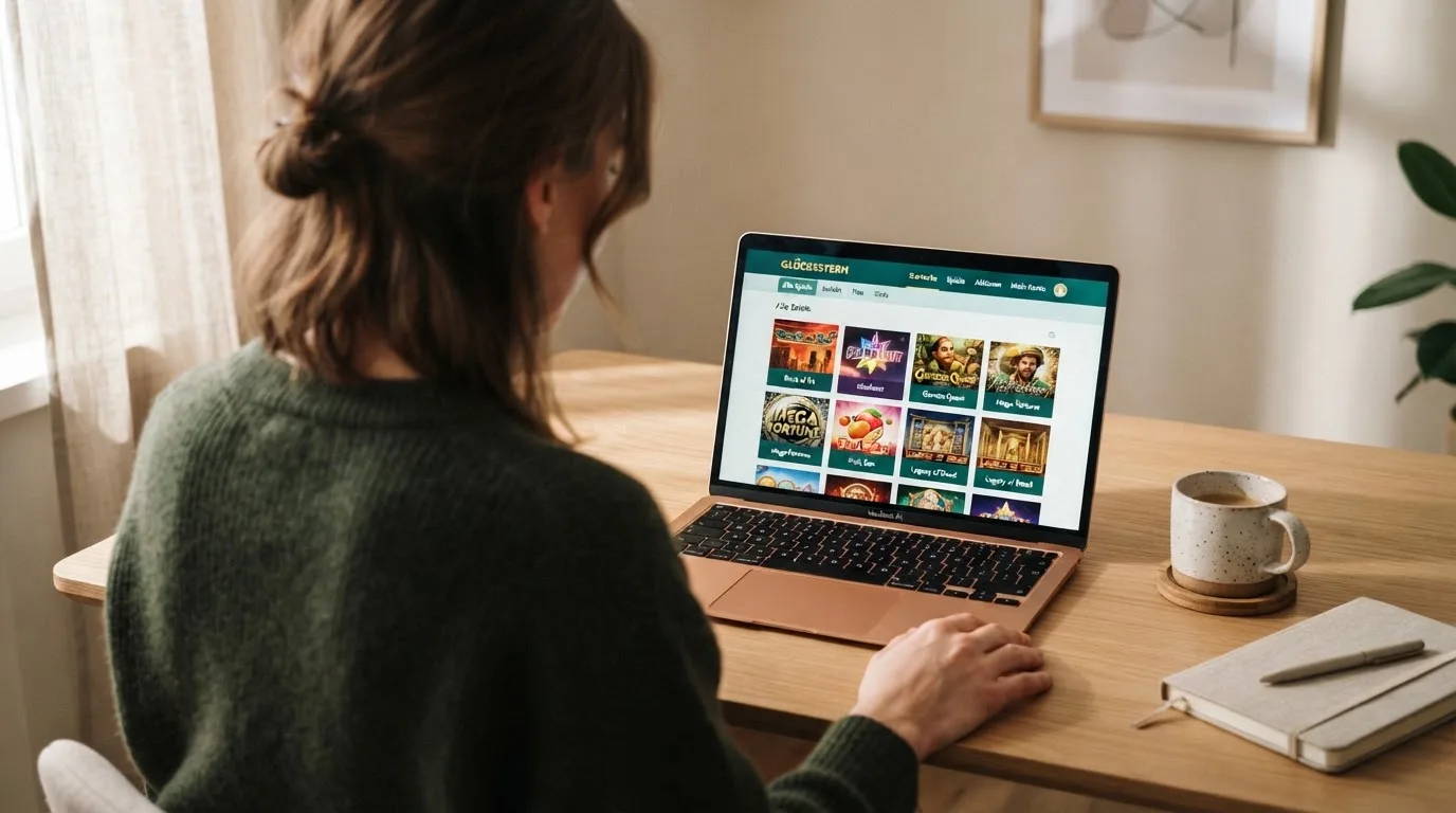 Person am Laptop liest eine Übersichtsseite zu Geldspielen im Internet — binance coin casino vergleich
