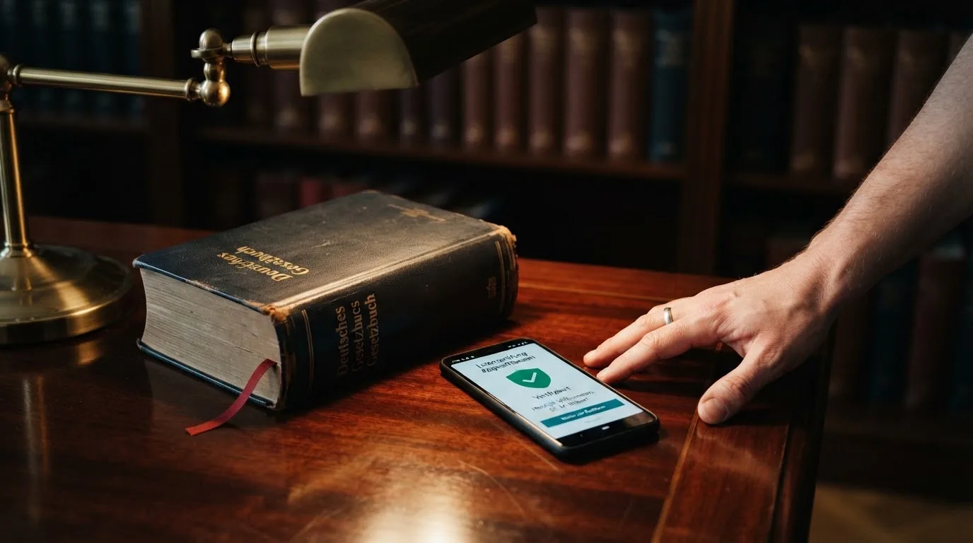 Amtliches Schreiben mit Stempel auf einem Schreibtisch neben einem Gesetzbuch — binance coin casino vergleich