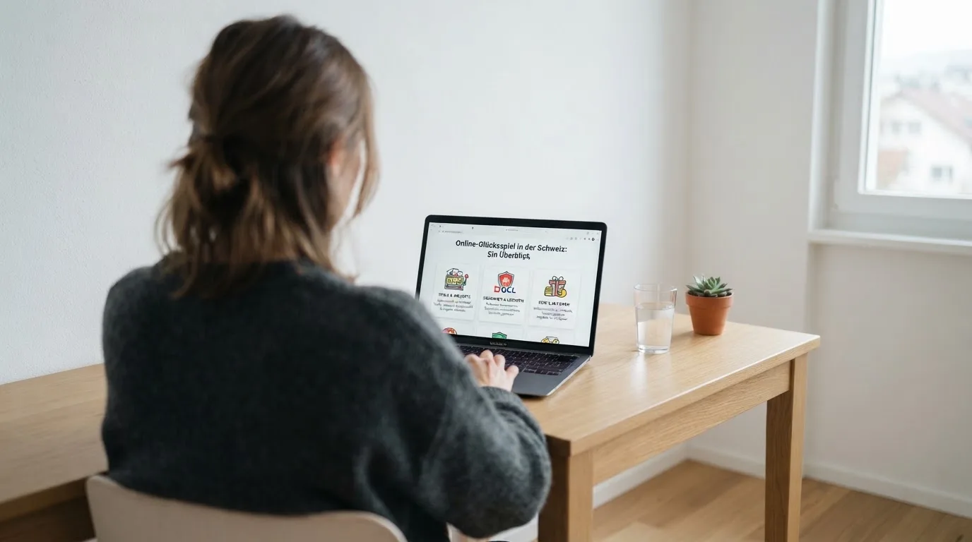 Person am Laptop liest eine Übersichtsseite zu Geldspielen im Internet — bitcoin cash casino vergleich