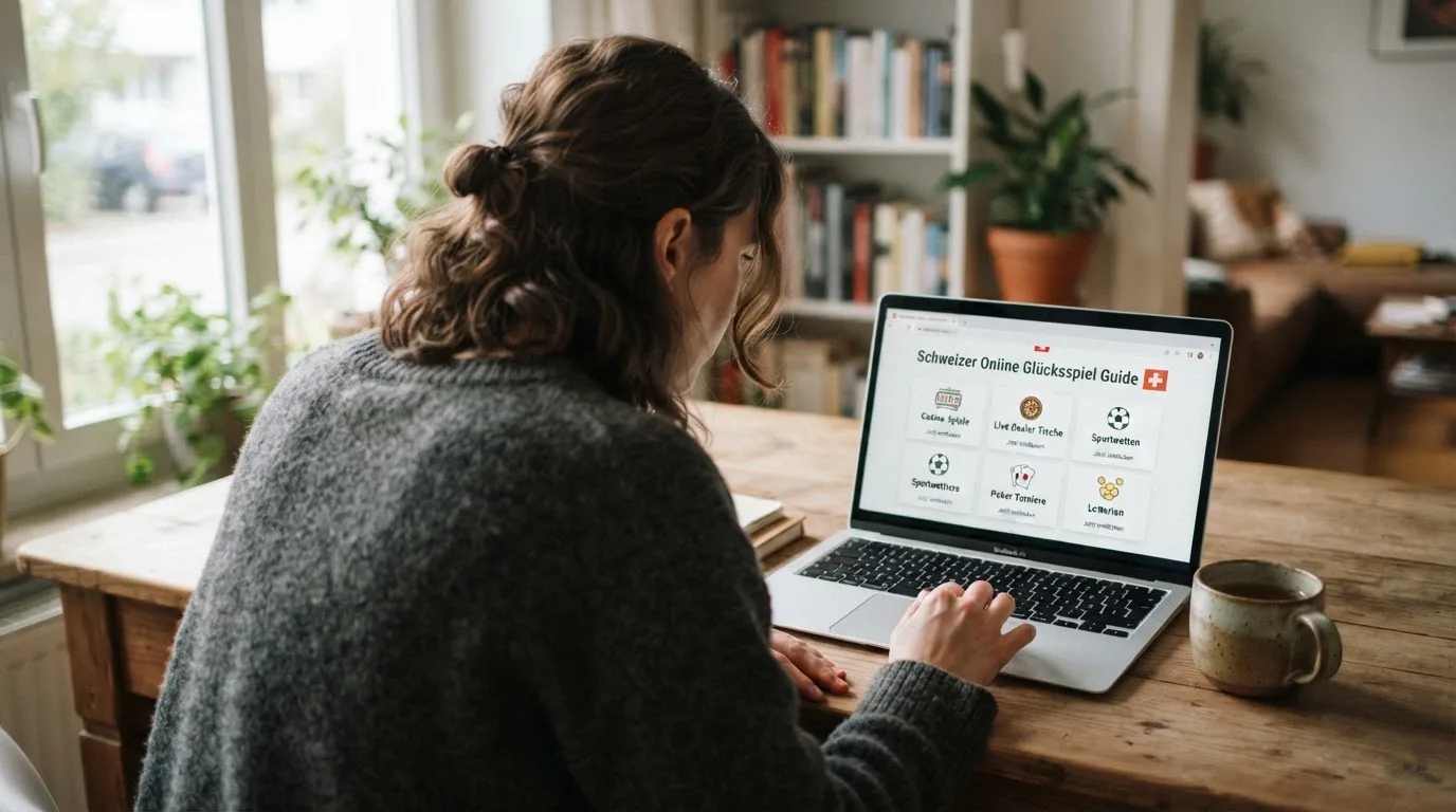 Person am Laptop liest eine Übersichtsseite zu Geldspielen im Internet — casino mit hoher gewinnchance
