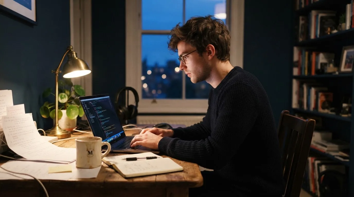 Junger Mann sitzt am Schreibtisch und tippt konzentriert auf seinem Laptop, Abendlicht im Raum.