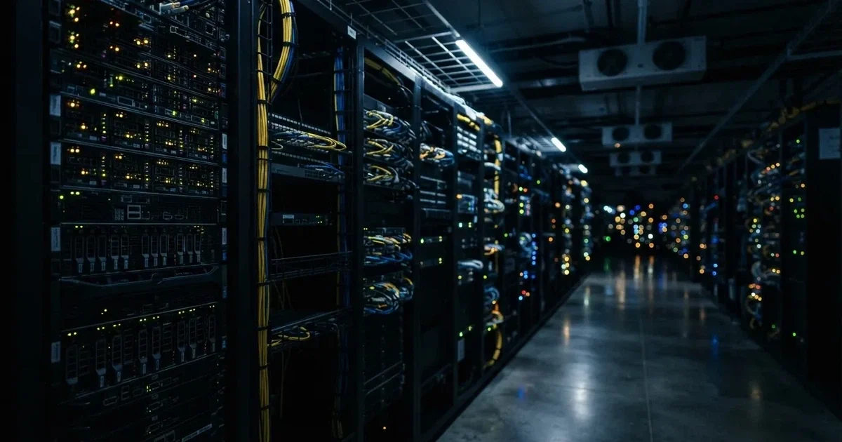 Nahaufnahme mehrerer vernetzter Server in einem Rechenzentrum, blinkende Lichter im Halbdunkel.