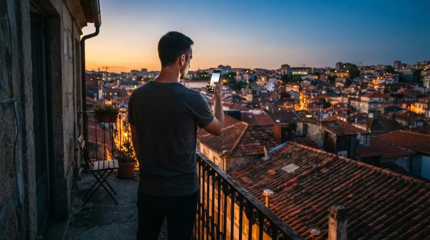 Mann steht auf einem Balkon und tippt auf sein Smartphone, Abendlicht über den Dächern.