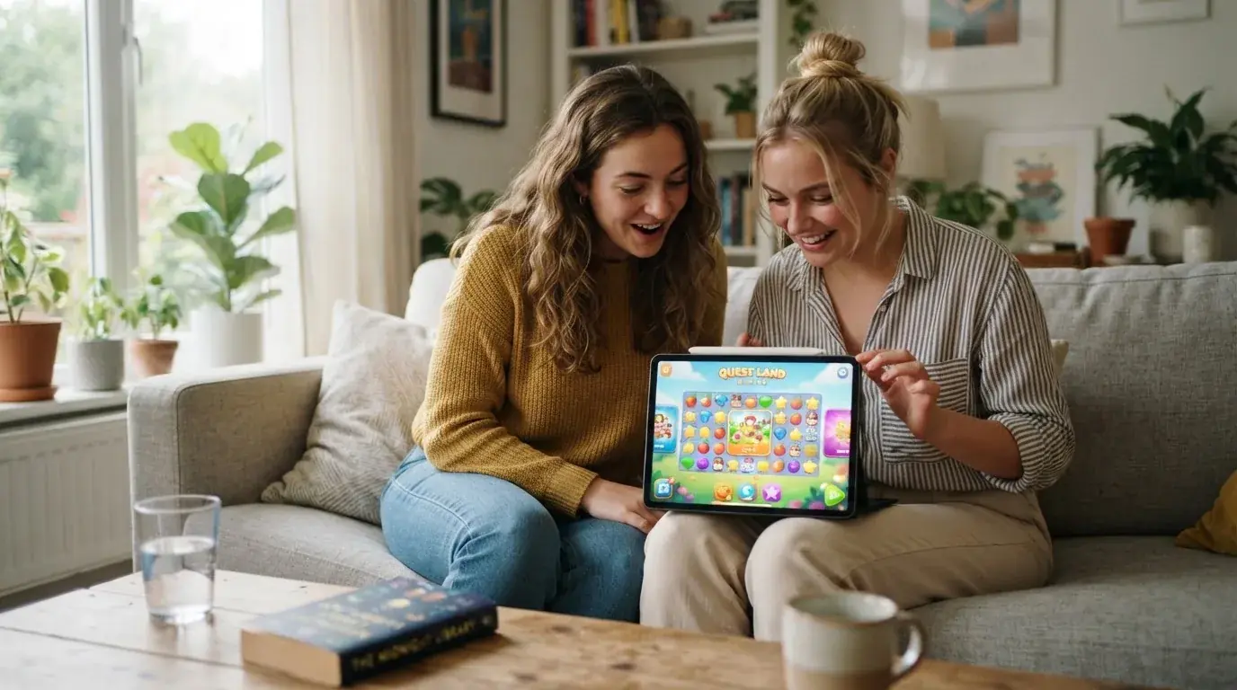 Zwei Freunde sitzen entspannt auf einem Sofa und schauen gemeinsam auf ein Tablet mit Spielangeboten.