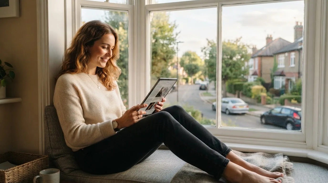Frau sitzt entspannt mit einem Tablet auf der Fensterbank, Blick auf eine ruhige Strasse.