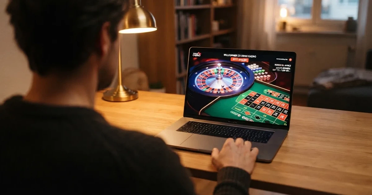 Person am Laptop liest eine Übersichtsseite zu Geldspielen im Internet — freie 90 tage qualifikationszeitraum casino