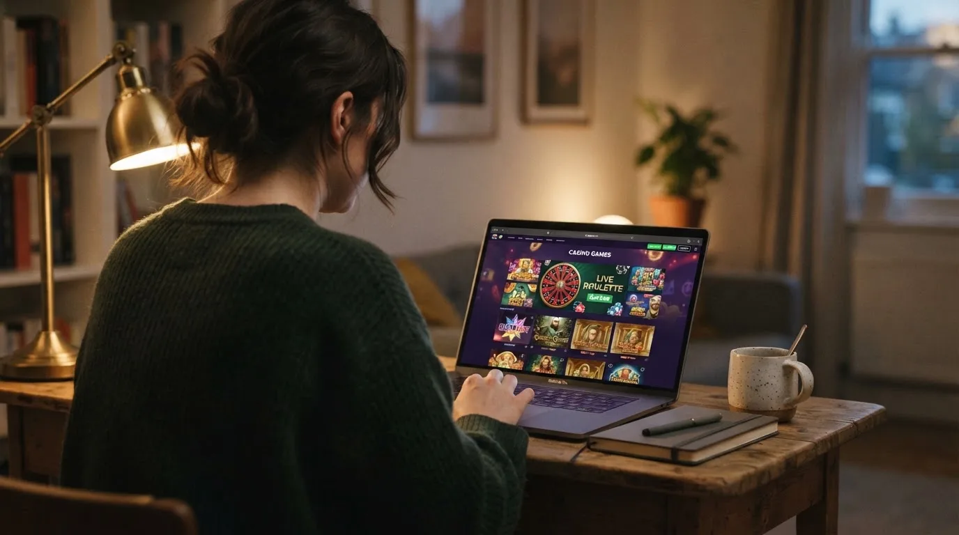 Person am Laptop liest eine Übersichtsseite zu Geldspielen im Internet — handy casino echtgeld bonus ohne einzahlung