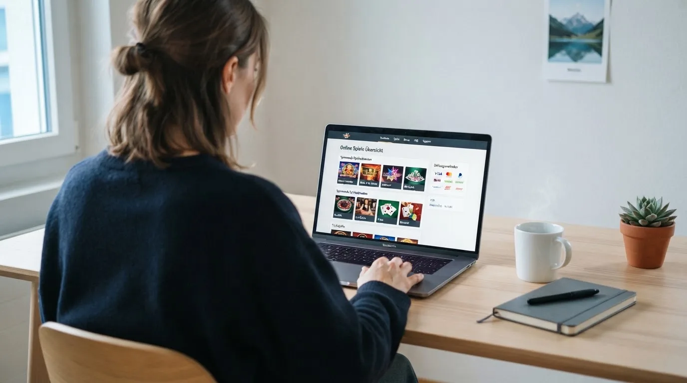 Person am Laptop liest eine Übersichtsseite zu Geldspielen im Internet — online casino bonusbedingungen