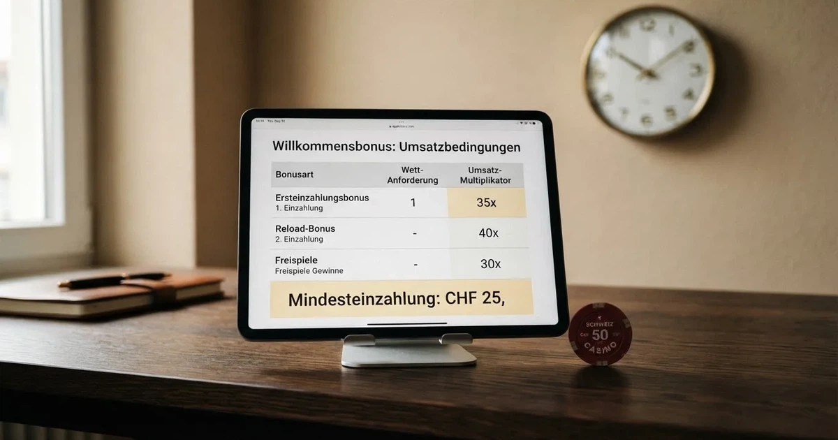 Bildschirm mit Bonusbedingungen, Einsatztabelle und einer Uhr im Hintergrund — online casino bonusbedingungen