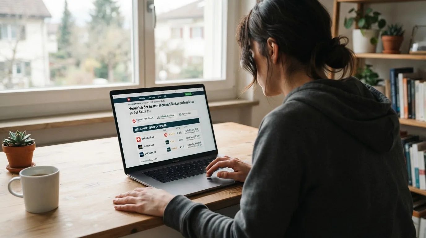 Person am Laptop liest eine Übersichtsseite zu Geldspielen im Internet — online casino einzahlungsbonus