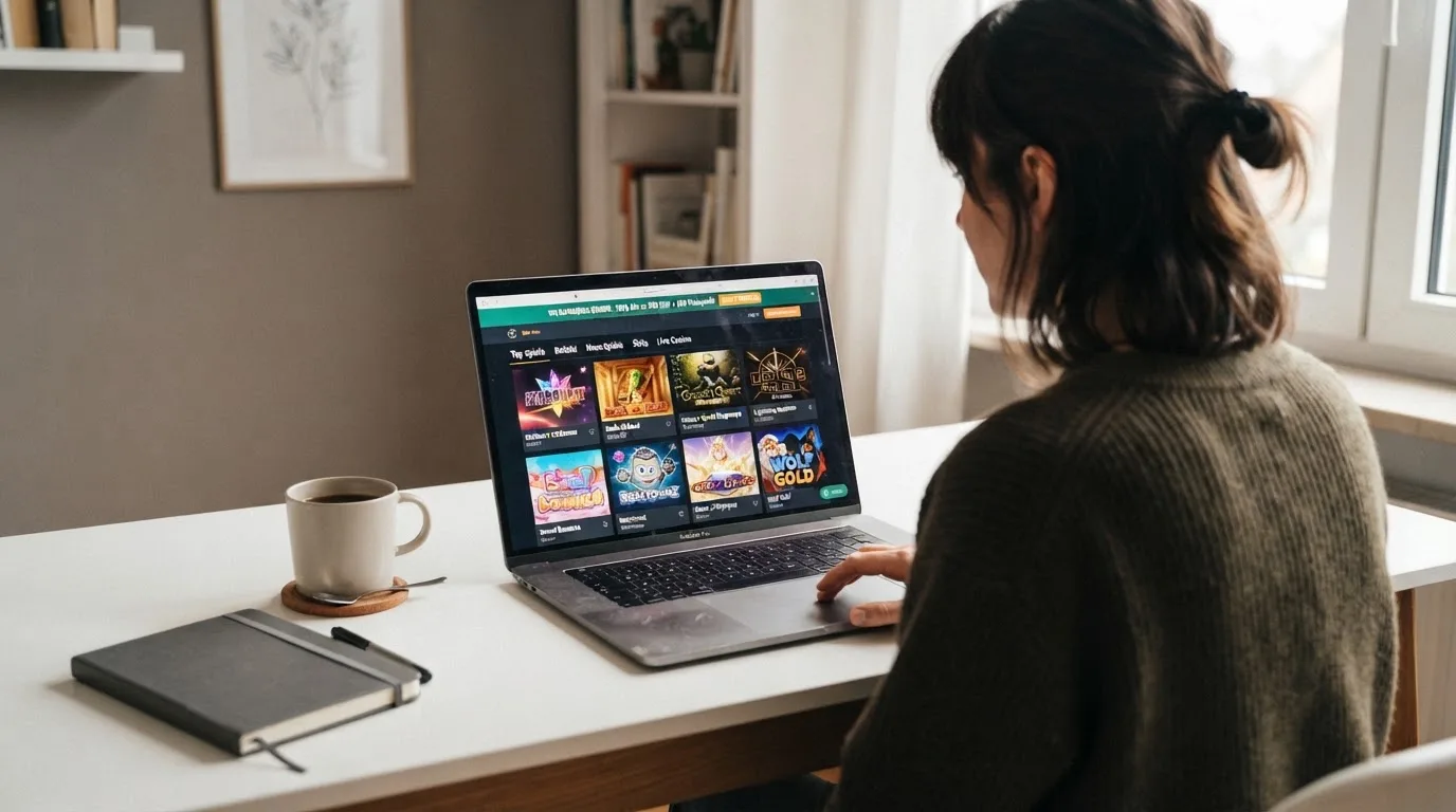 Person am Laptop liest eine Übersichtsseite zu Geldspielen im Internet — online casino gutschein codes