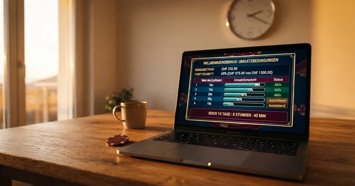 Bildschirm mit Bonusbedingungen, Einsatztabelle und einer Uhr im Hintergrund — online casino gutschein codes
