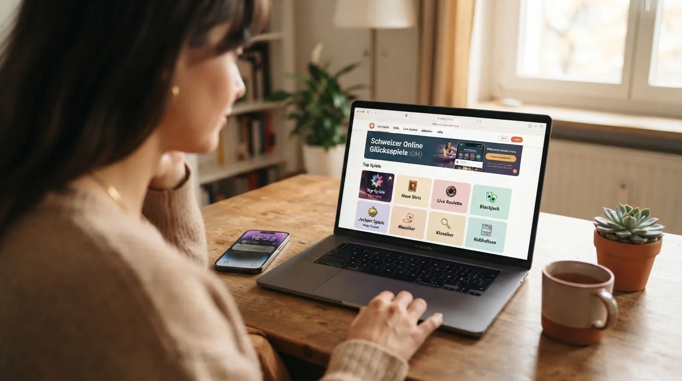 Person am Laptop liest eine Übersichtsseite zu Geldspielen im Internet — online casino mit 100% bonus