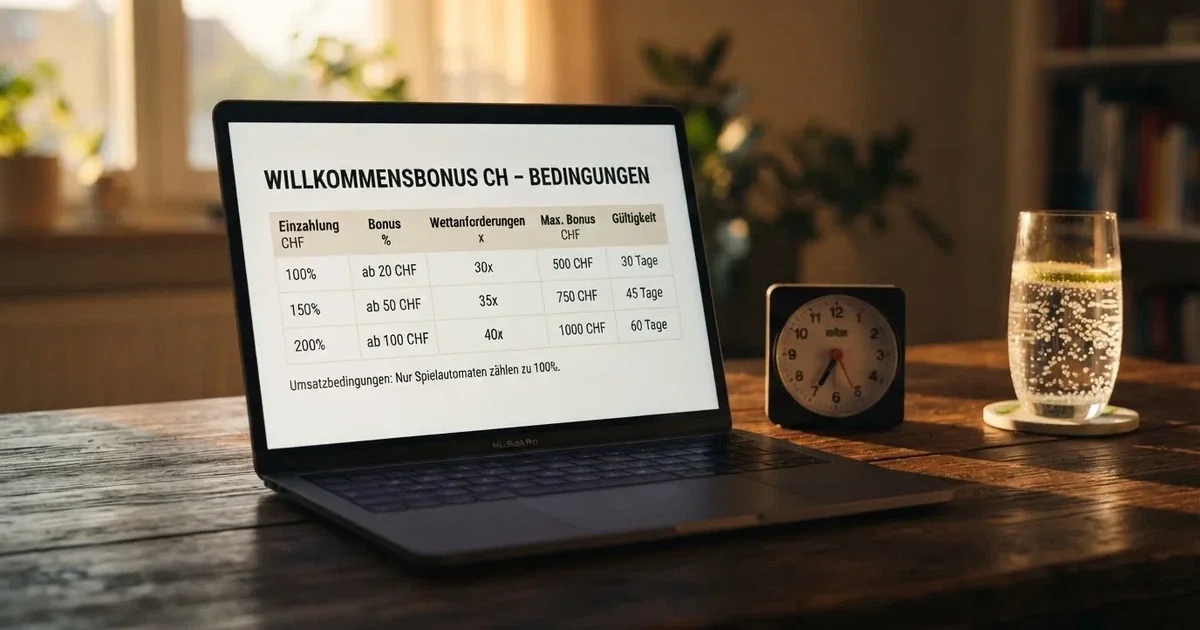 Bildschirm mit Bonusbedingungen, Einsatztabelle und einer Uhr im Hintergrund — online casino mit 100% bonus