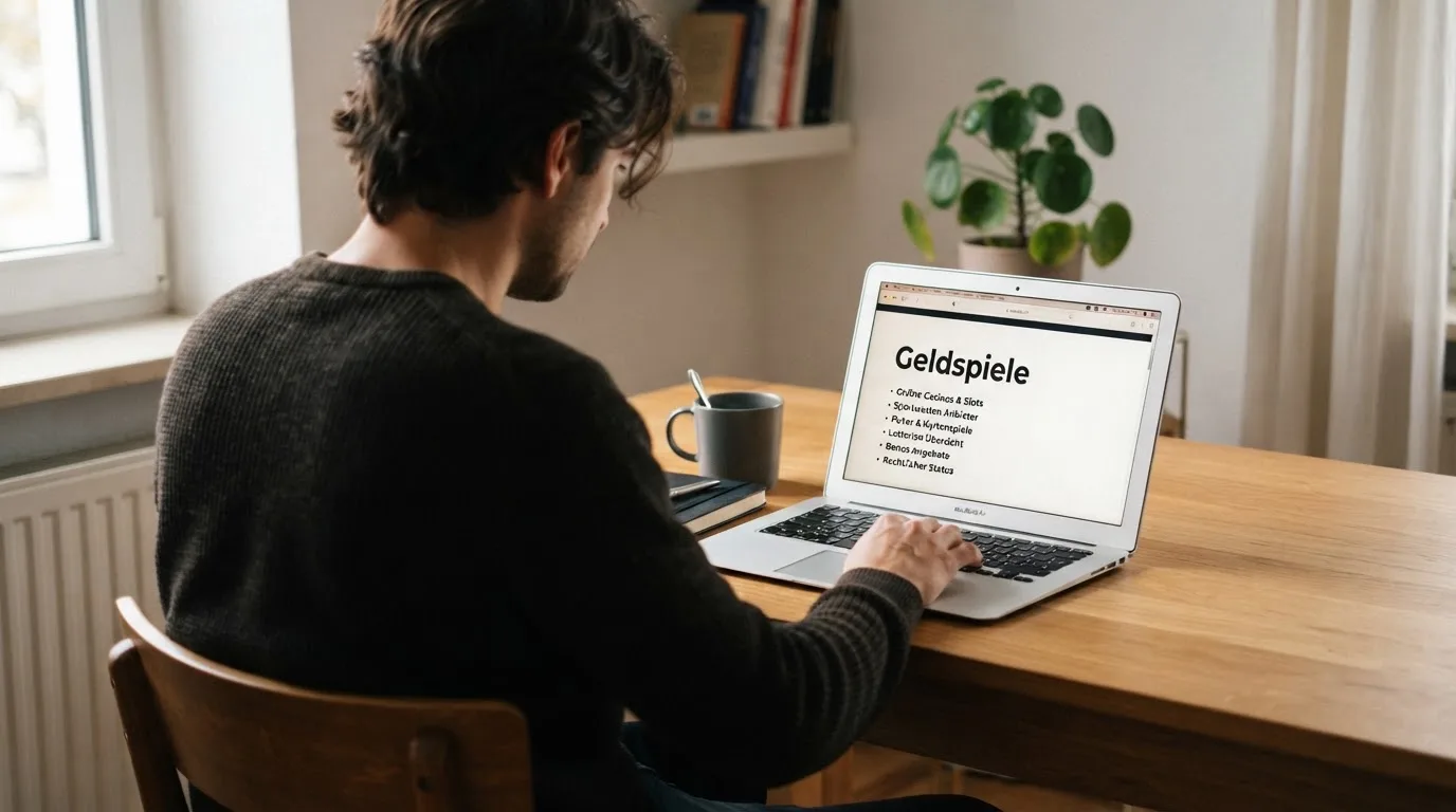 Person am Laptop liest eine Übersichtsseite zu Geldspielen im Internet — online casino mit autoplay