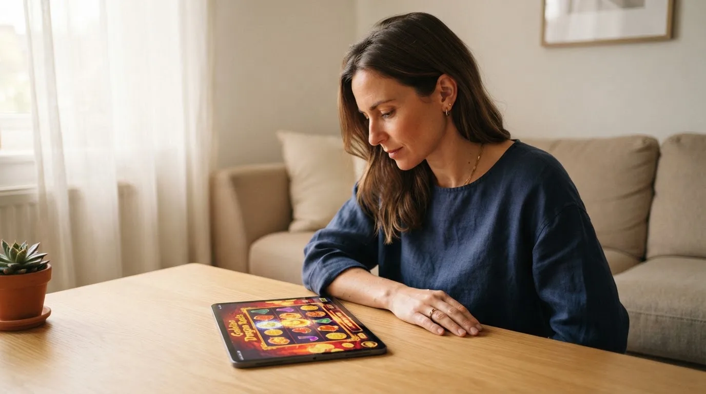 Frau sitzt am Wohnzimmertisch und schaut konzentriert auf ihr Tablet, Nachmittagslicht durchs Fenster.
