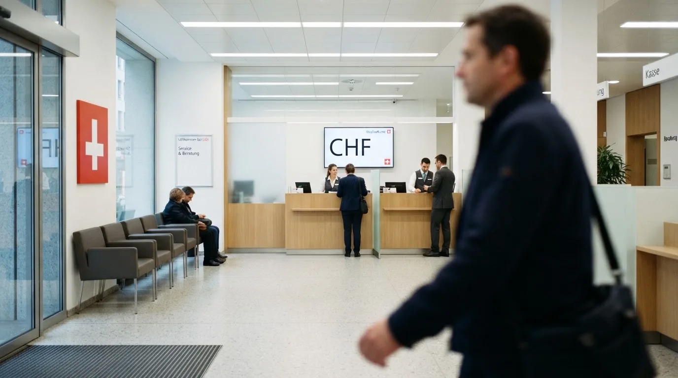Blick auf eine helle Bankfiliale mit Wartebereich, im Vordergrund unscharf eine Person mit Jacke.